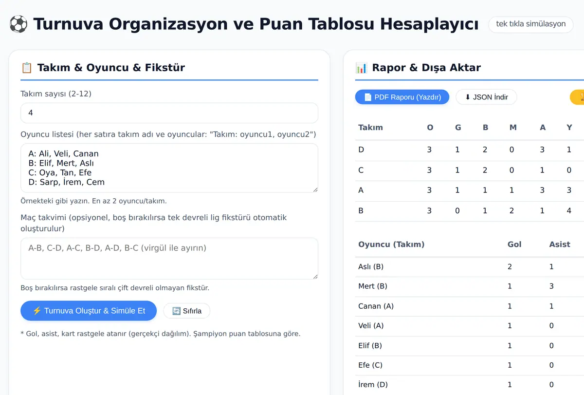 Turnuva Organizasyon ve Puan Tablosu Hesaplayıcı ekran görüntüsü
