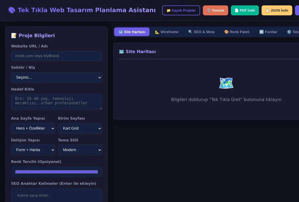 Tek Tıkla Web Tasarım Planlama Asistanı - PDF+JSON ekran görüntüsü