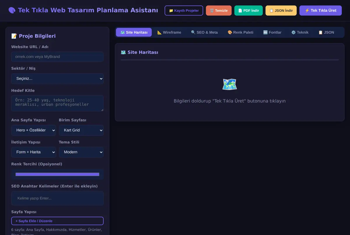 Tek Tıkla Web Tasarım Planlama Asistanı - PDF+JSON ekran görüntüsü 2