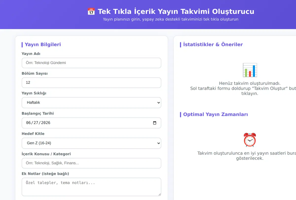 Tek Tıkla İçerik Yayın Takvimi Oluşturucu ekran görüntüsü