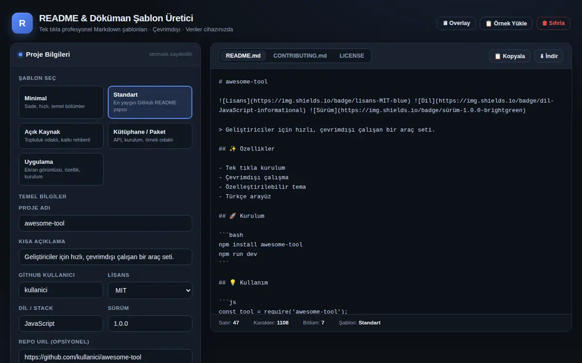 GitHub README & Döküman Şablonu Üretici ekran görüntüsü