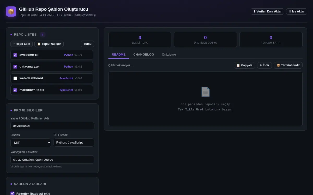 GitHub Repo Şablon Oluşturucu ekran görüntüsü