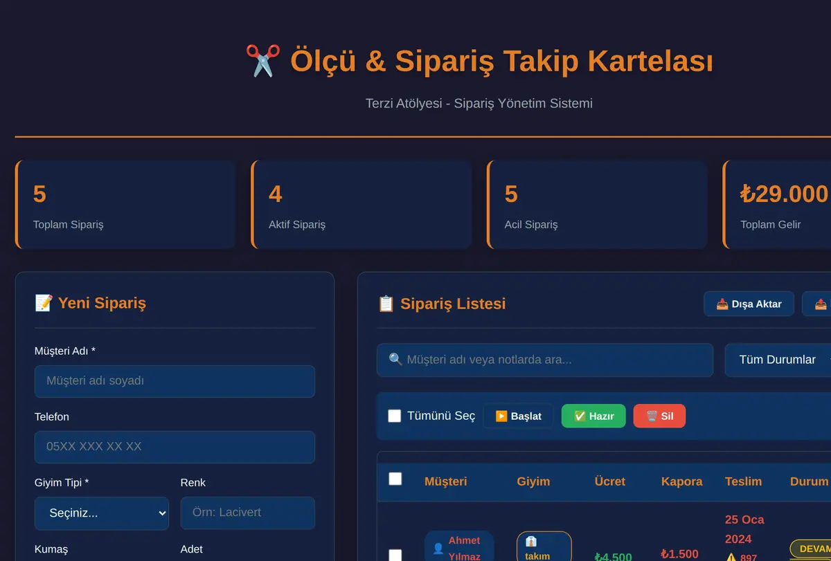 Ölçü & Sipariş Takip Kartelası - Terzi Atölyesi ekran görüntüsü