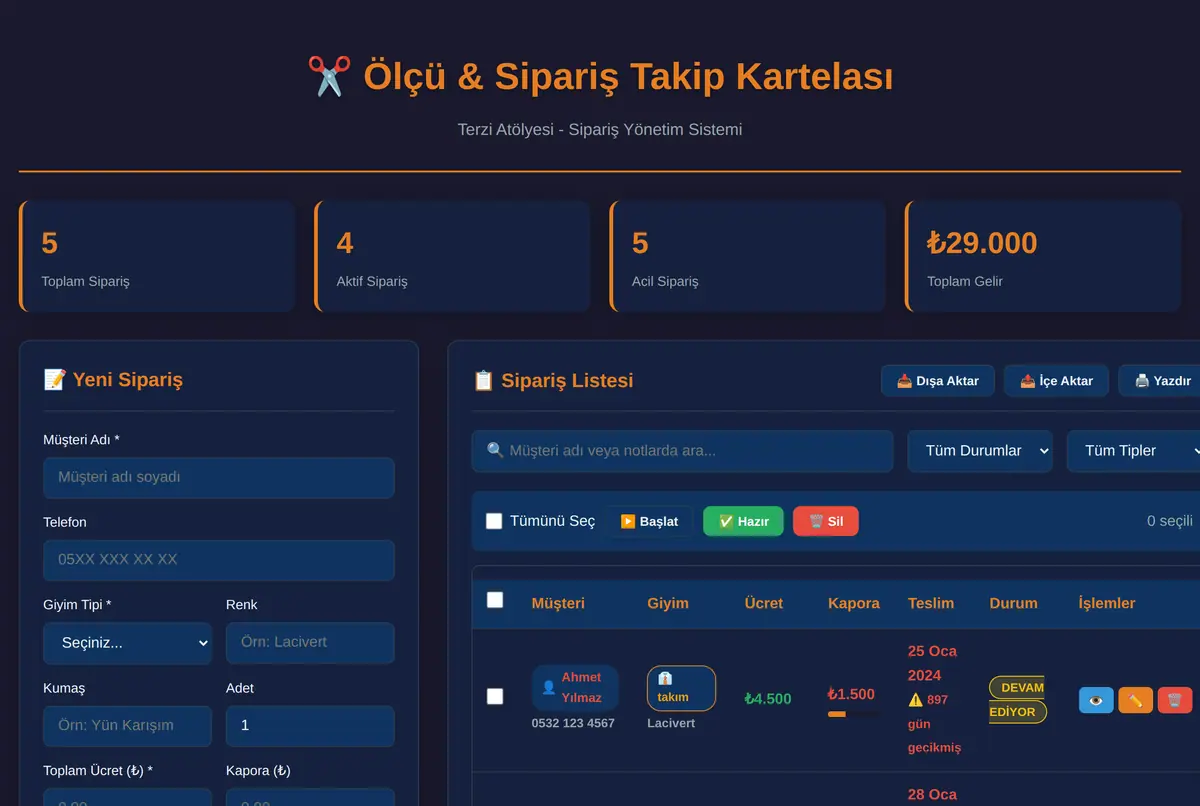 Ölçü & Sipariş Takip Kartelası - Terzi Atölyesi ekran görüntüsü 2