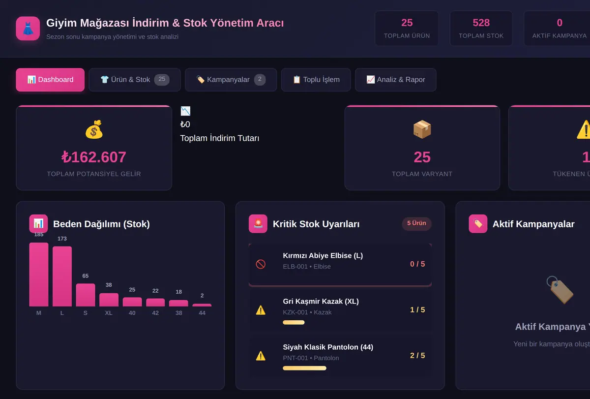 Giyim Mağazası İndirim & Stok Yönetim Aracı ekran görüntüsü