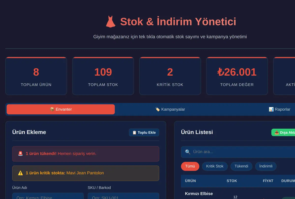 Stok & İndirim Yönetici ekran görüntüsü