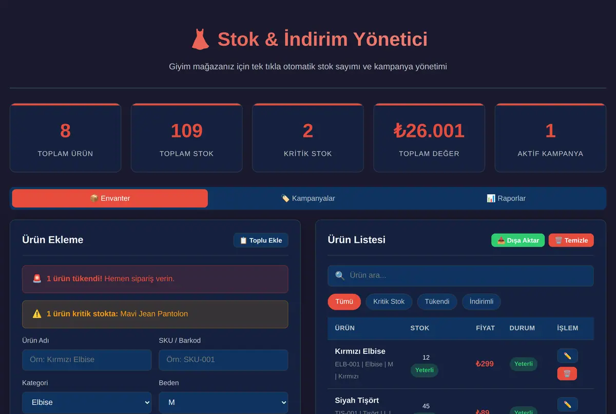 Stok & İndirim Yönetici ekran görüntüsü 2