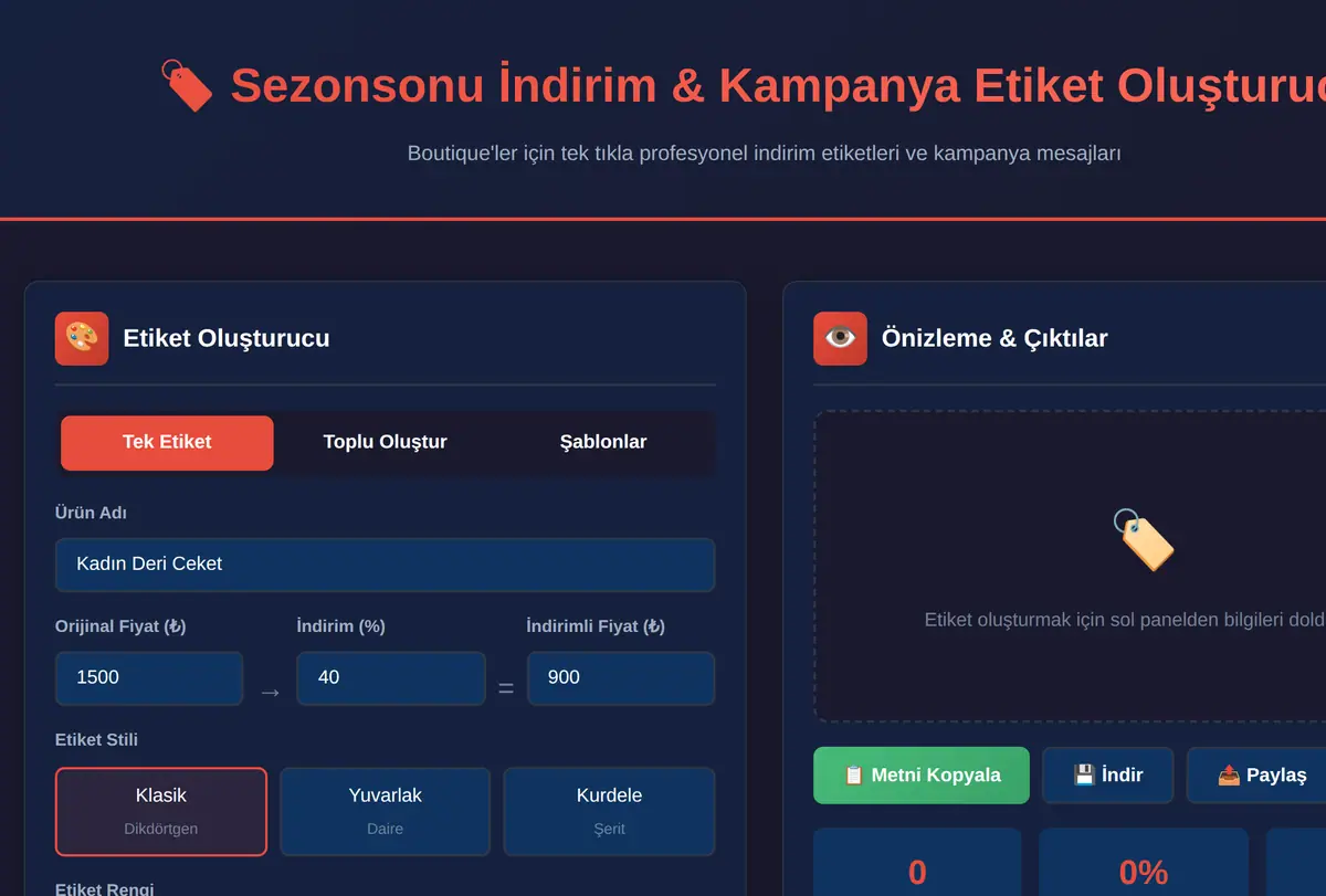 Sezonsonu İndirim & Kampanya Etiket Oluşturucu ekran görüntüsü