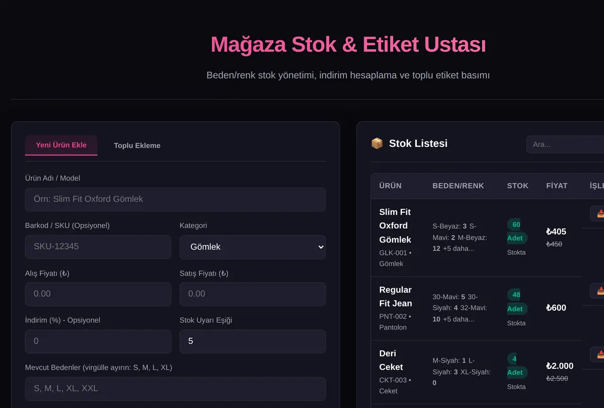 Mağaza Stok & Etiket Ustası ekran görüntüsü