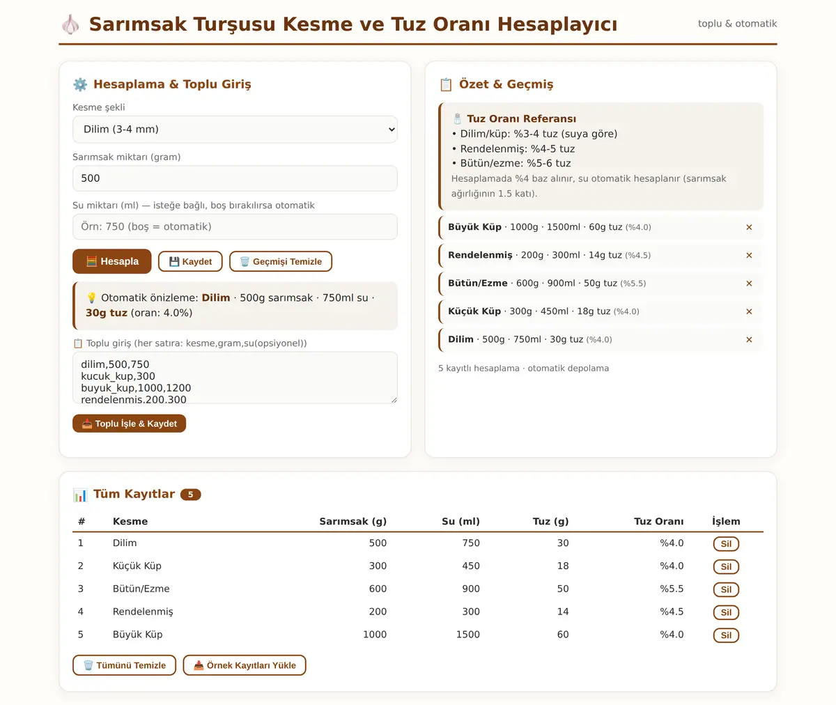 Sarımsak Turşusu Kesme ve Tuz Oranı Hesaplayıcı ekran görüntüsü 3
