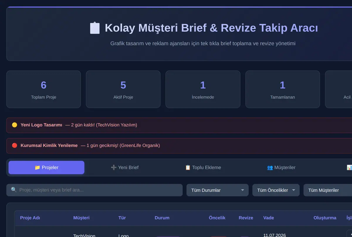 Kolay Müşteri Brief & Revize Takip Aracı ekran görüntüsü