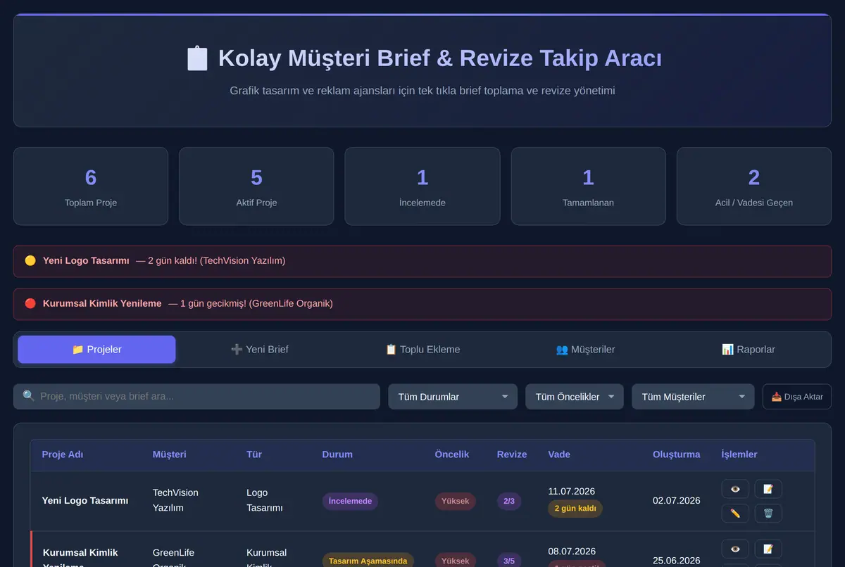 Kolay Müşteri Brief & Revize Takip Aracı ekran görüntüsü 2