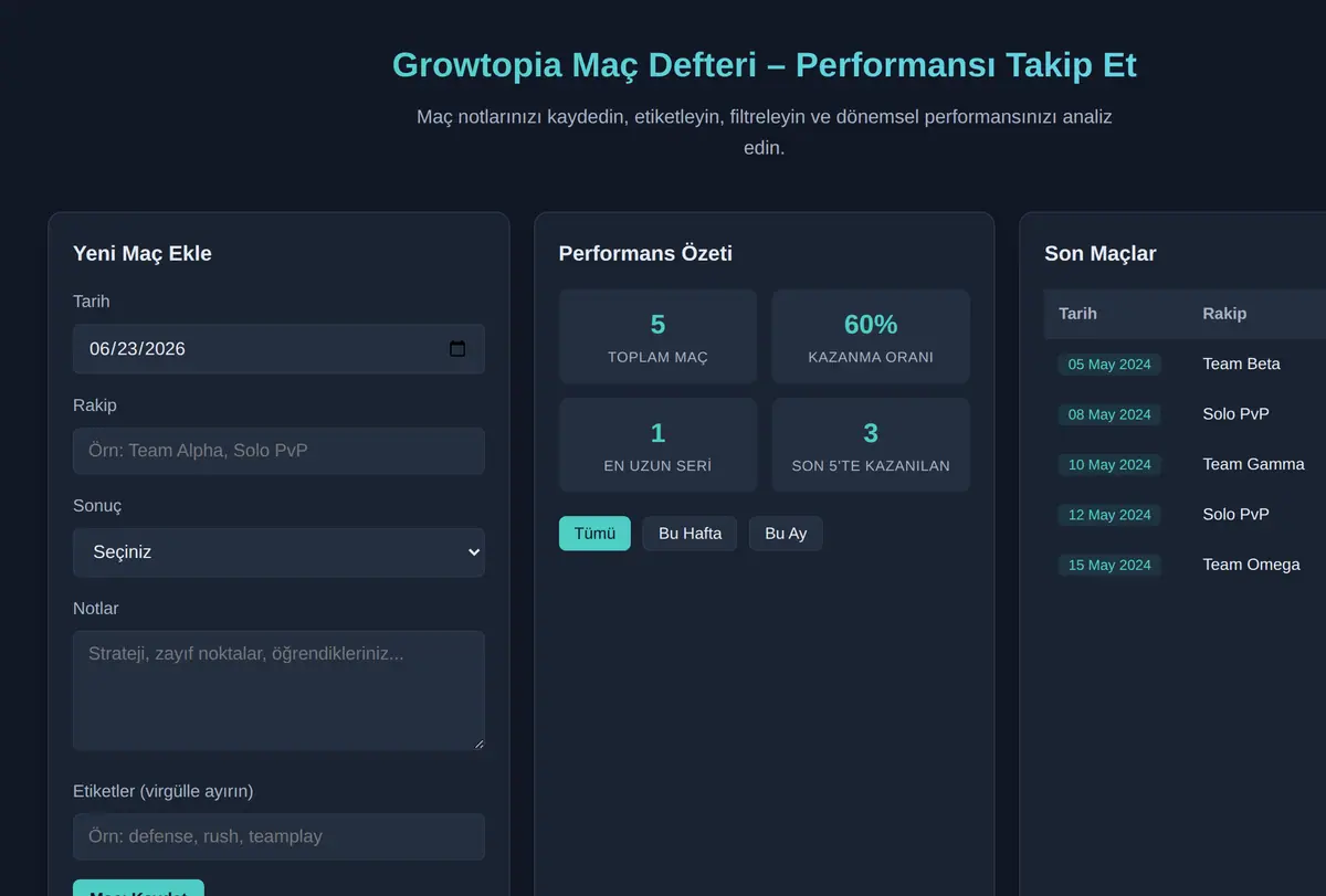 Growtopia Maç Defteri - Performansı Takip Et ekran görüntüsü
