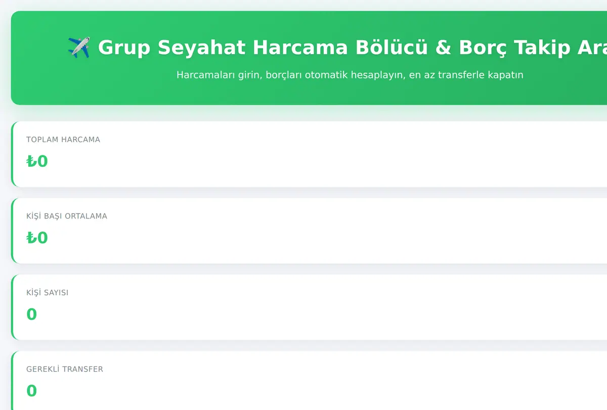 Grup Seyahat Harcama Bölücü & Borç Takip Aracı ekran görüntüsü