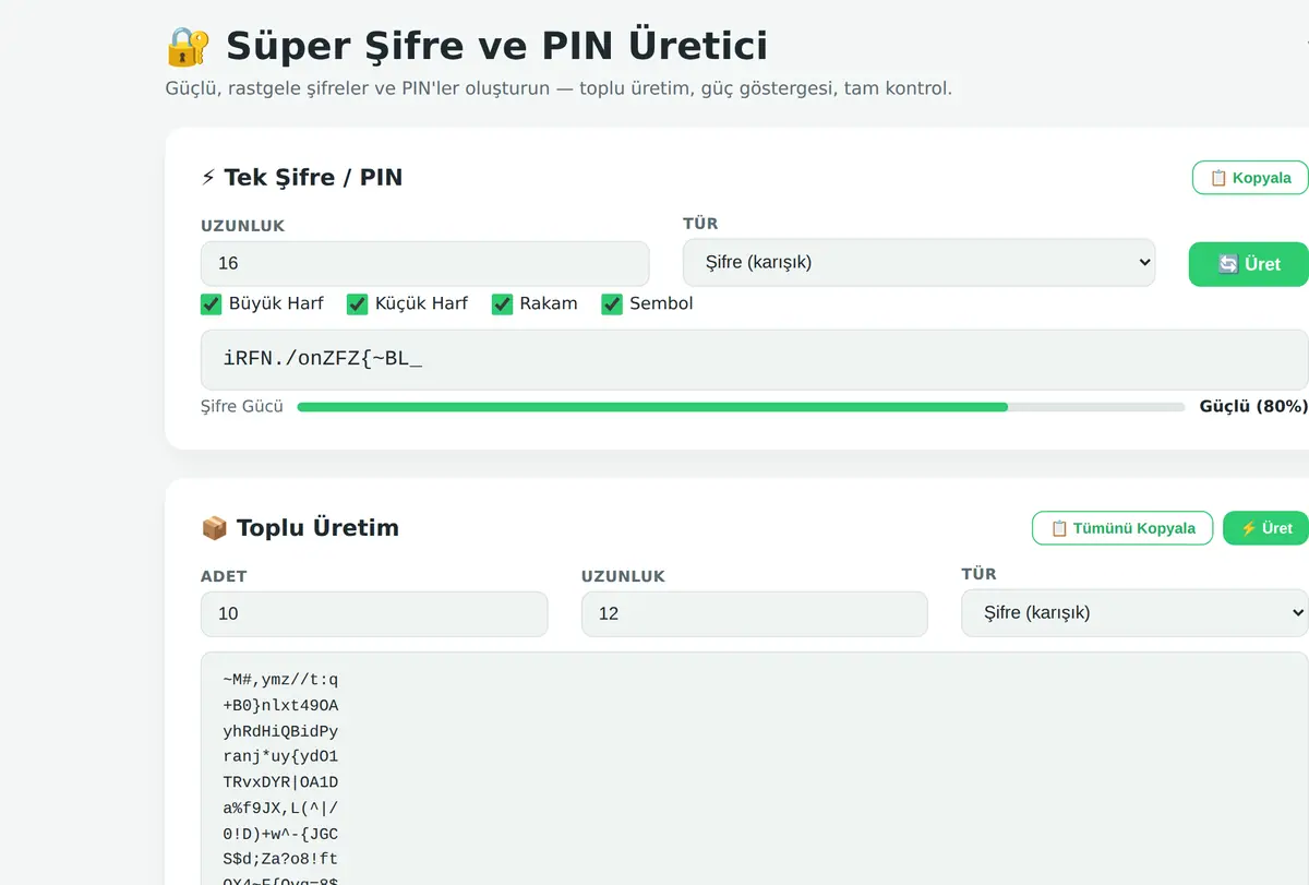 Süper Şifre ve PIN Üretici Aracı ekran görüntüsü