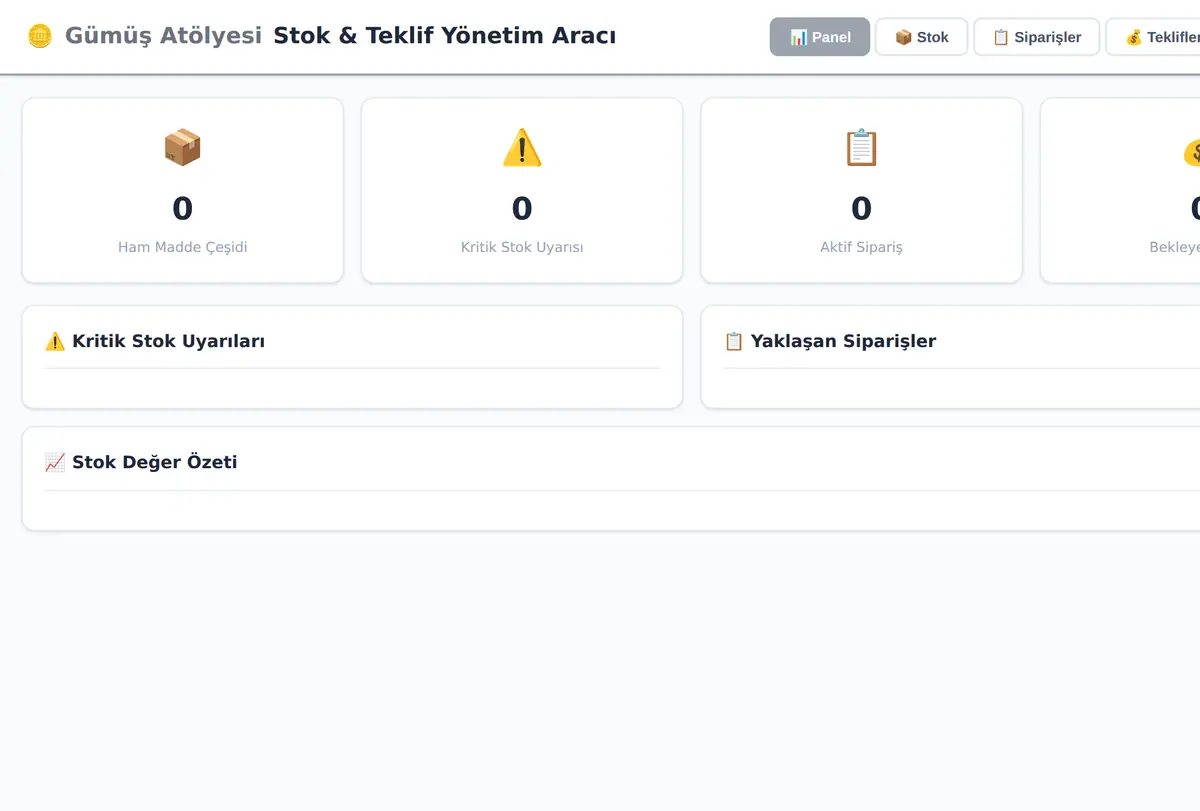 Gümüş Atölyesi Stok & Teklif Yönetim Aracı ekran görüntüsü