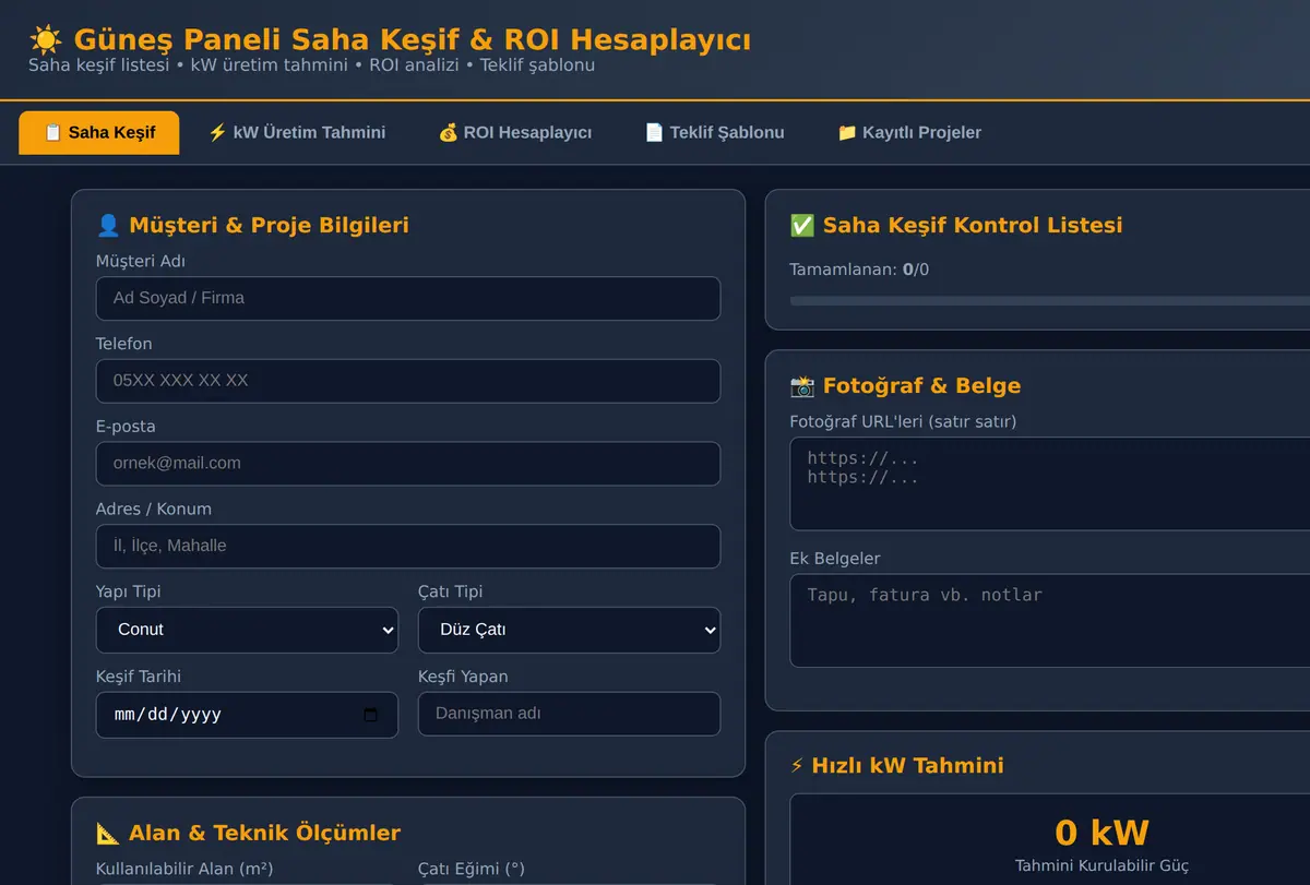 Güneş Paneli Saha Keşif & ROI Hesaplayıcı ekran görüntüsü