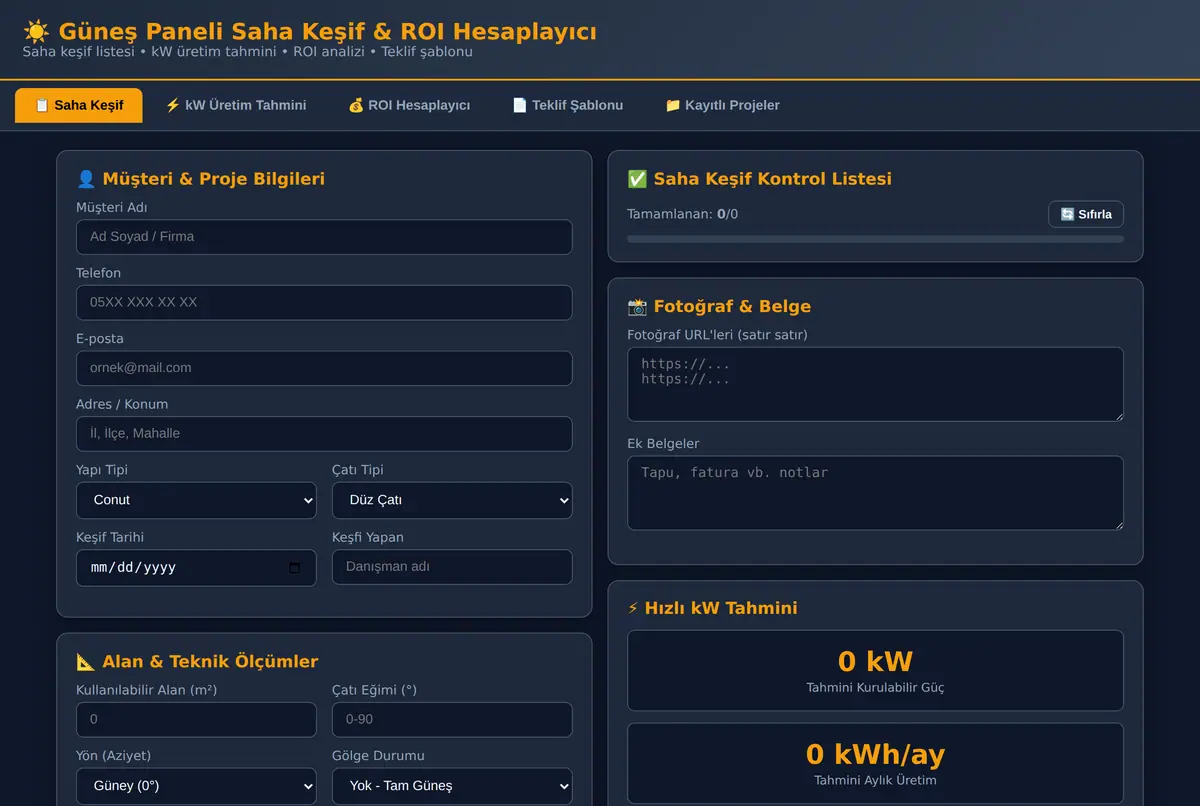Güneş Paneli Saha Keşif & ROI Hesaplayıcı ekran görüntüsü 2