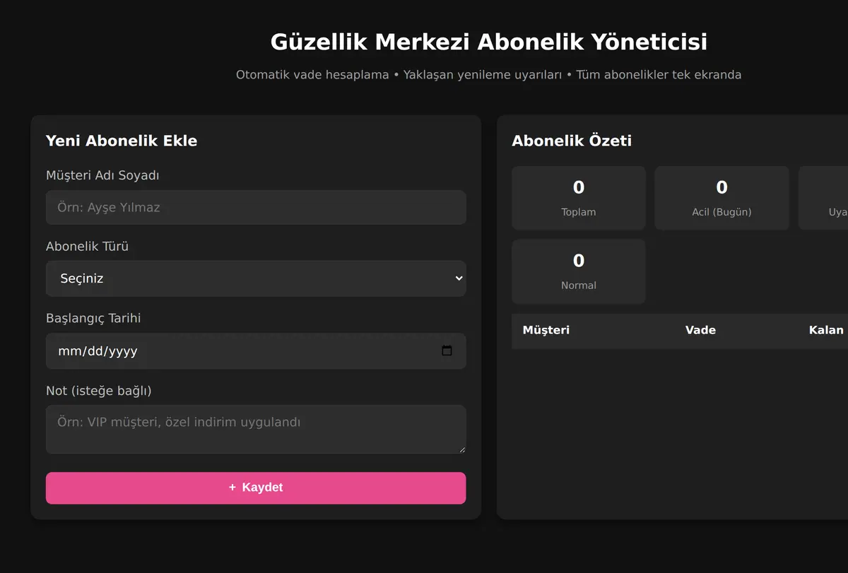 Güzellik Merkezi Abonelik Yöneticisi ekran görüntüsü