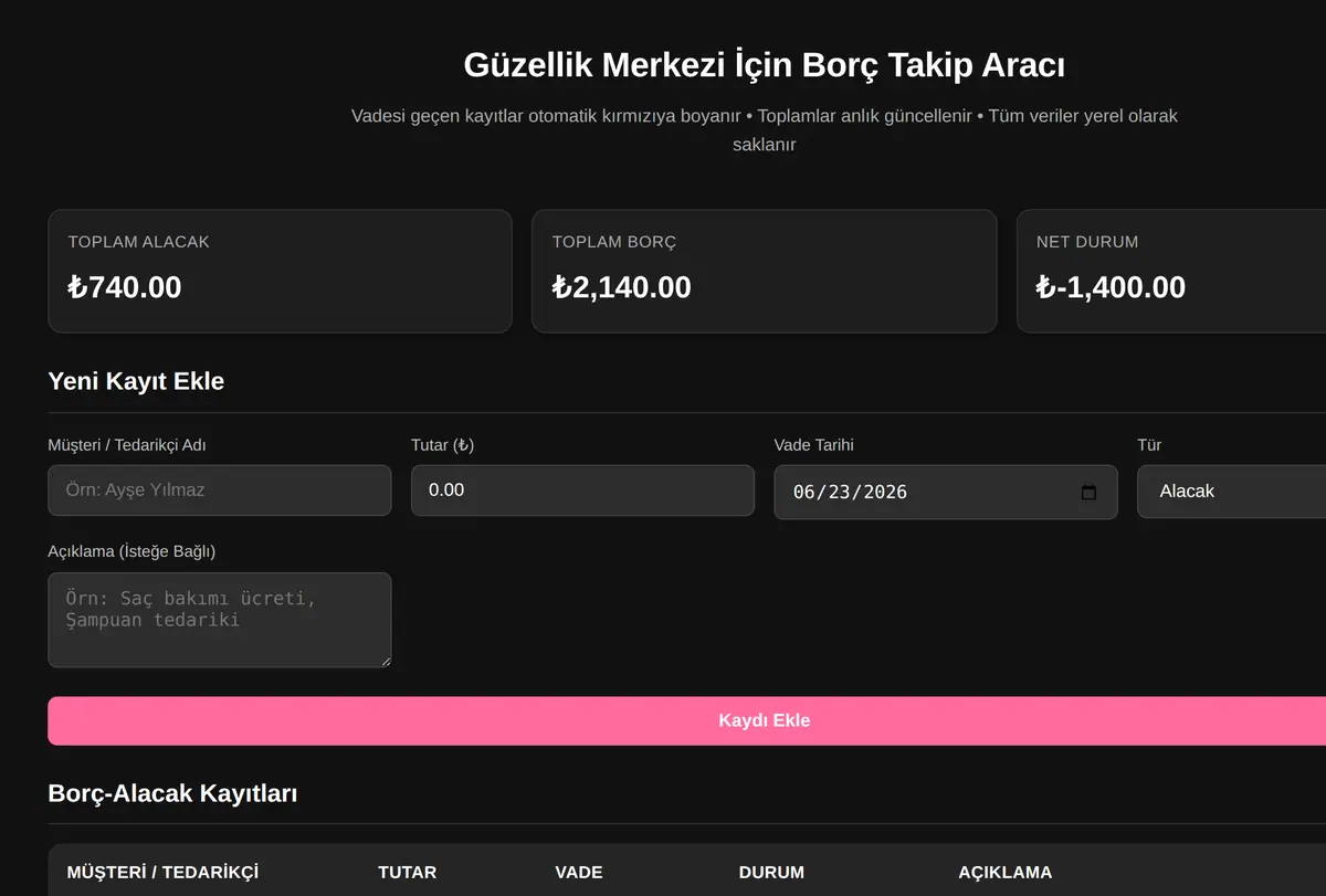 Güzellik Merkezi İçin Borç Takip Aracı ekran görüntüsü