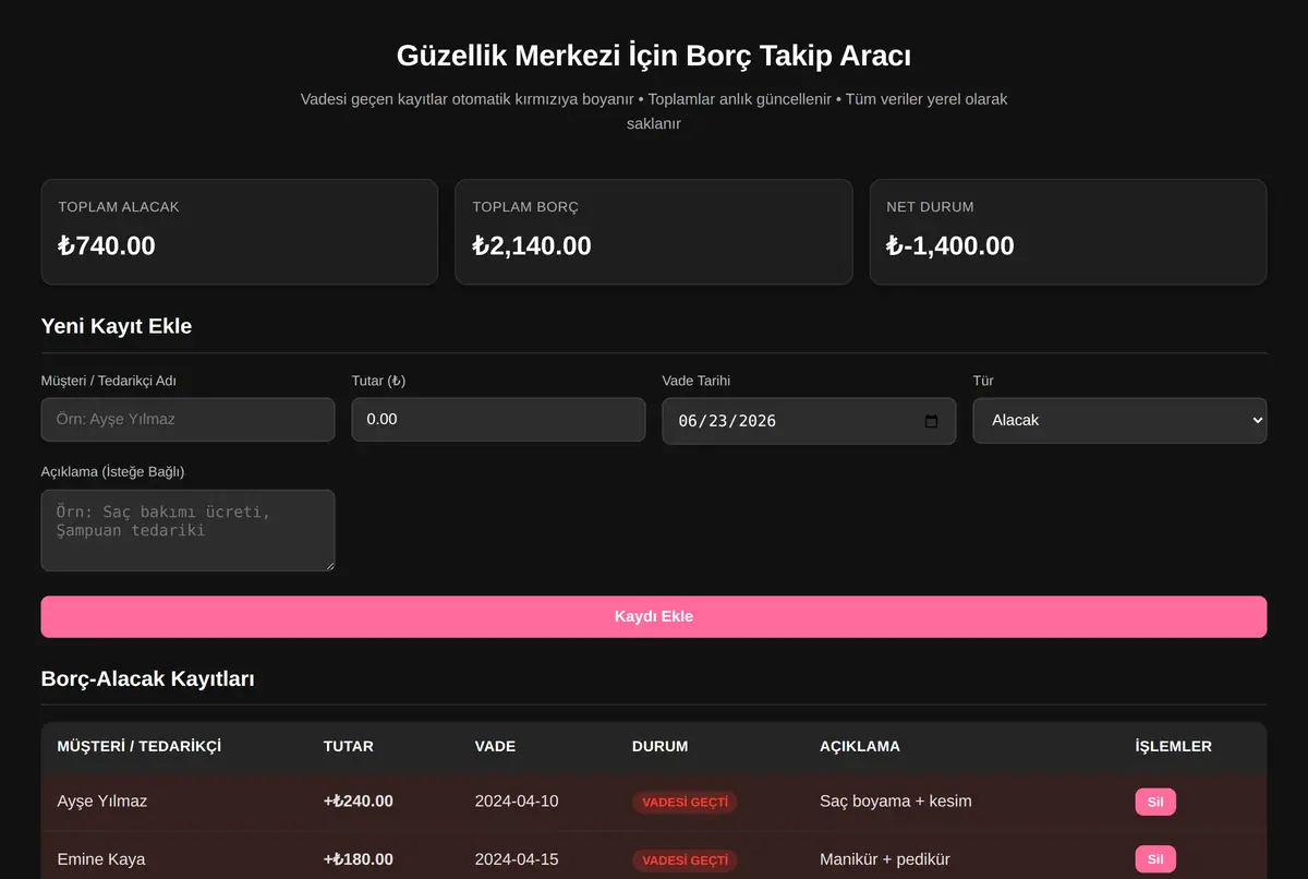 Güzellik Merkezi İçin Borç Takip Aracı ekran görüntüsü 2