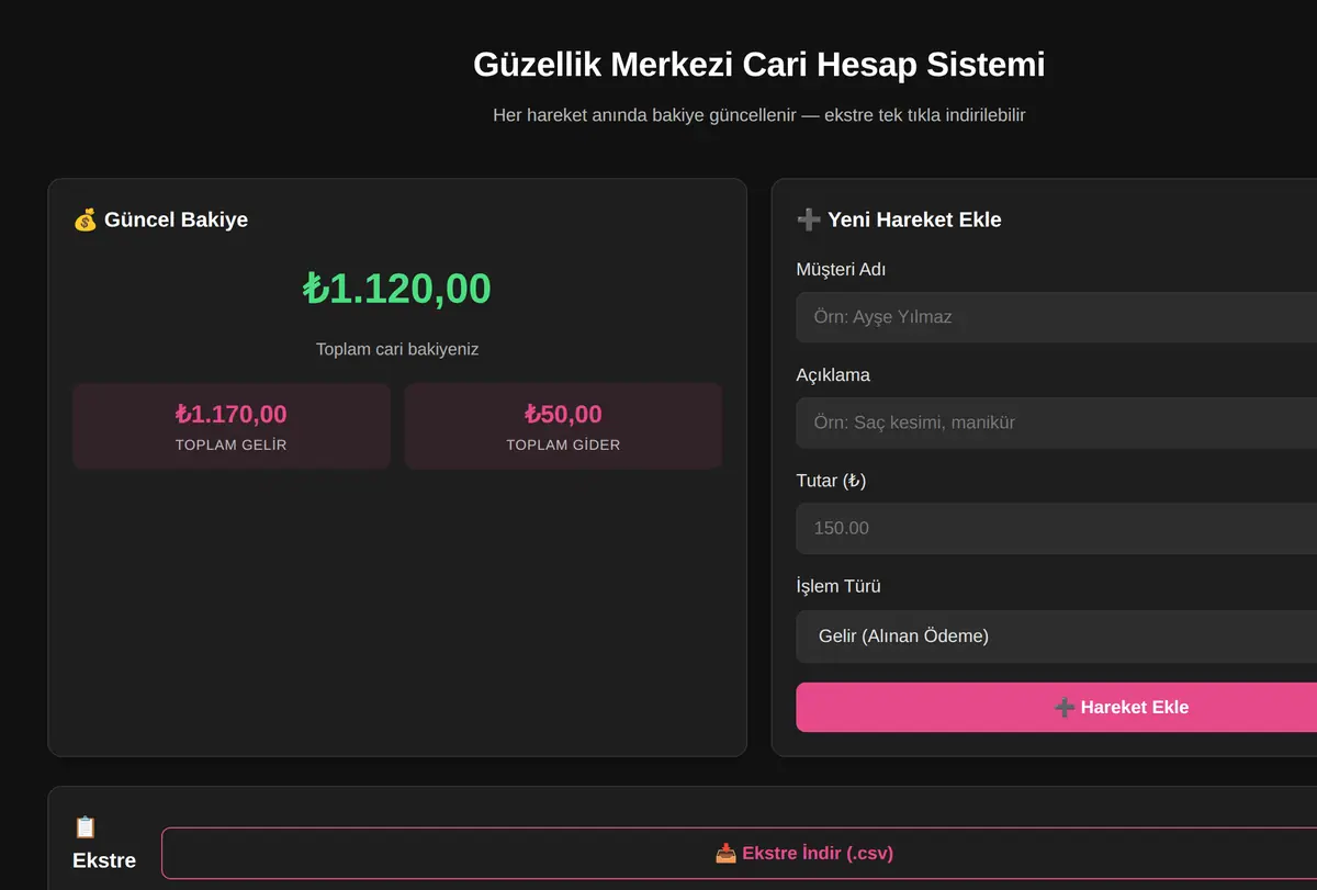 Güzellik Merkezi Cari Hesap Sistemi ekran görüntüsü