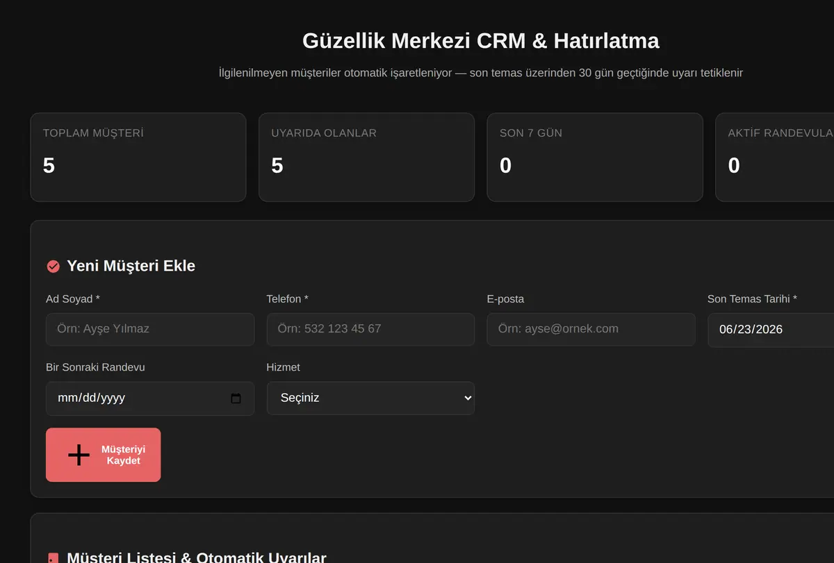 Güzellik Merkezi CRM & Hatırlatma ekran görüntüsü