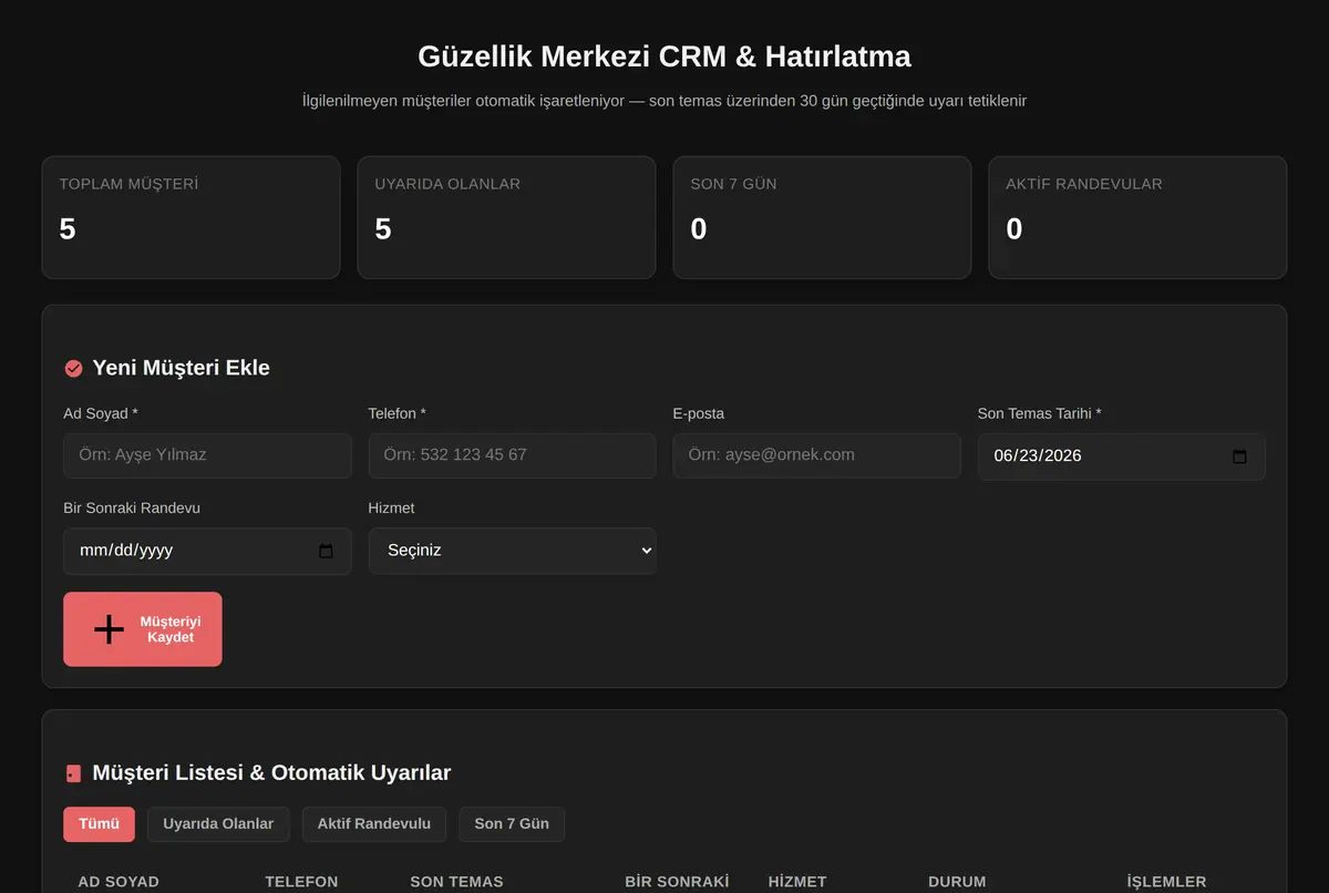 Güzellik Merkezi CRM & Hatırlatma ekran görüntüsü 2