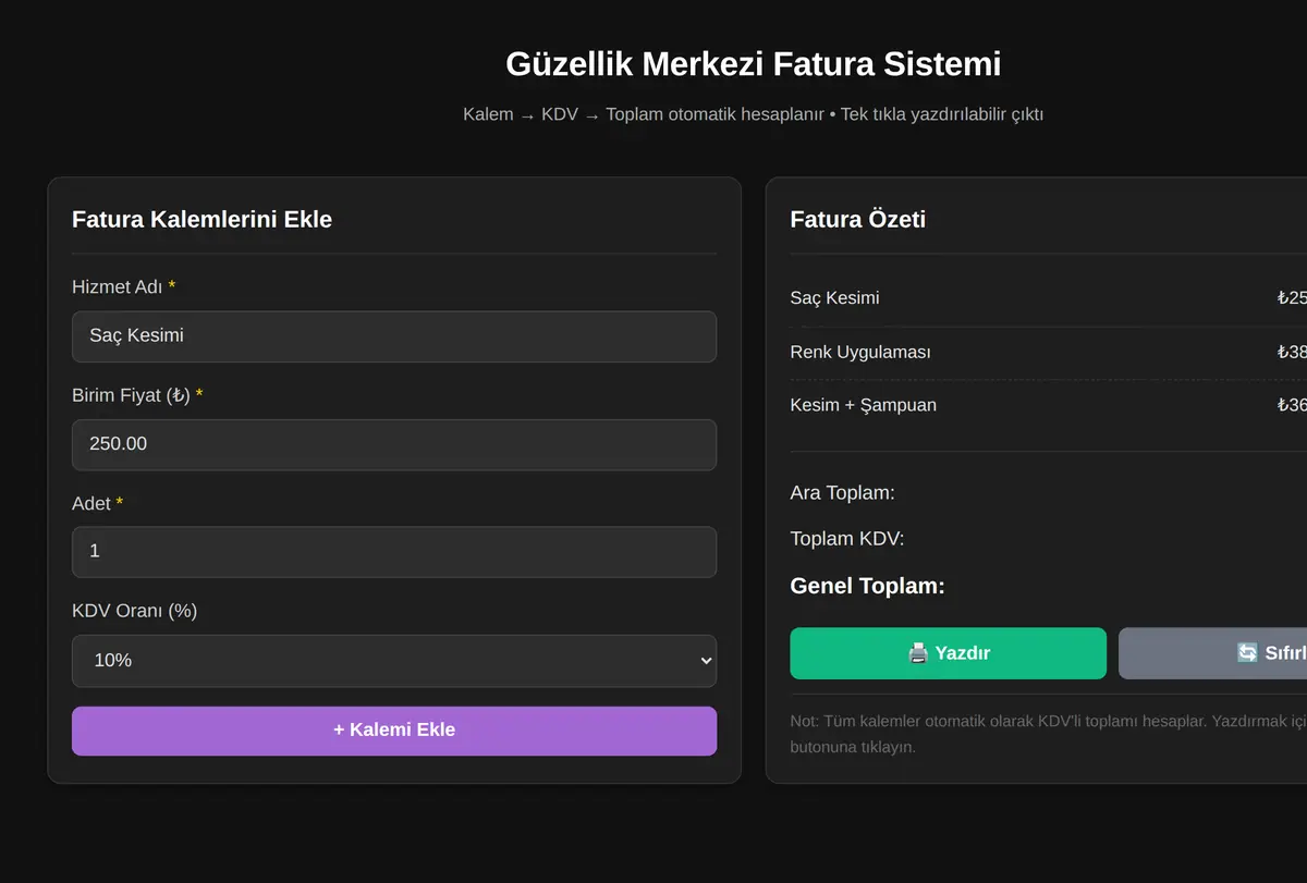Güzellik Merkezi Fatura Sistemi ekran görüntüsü