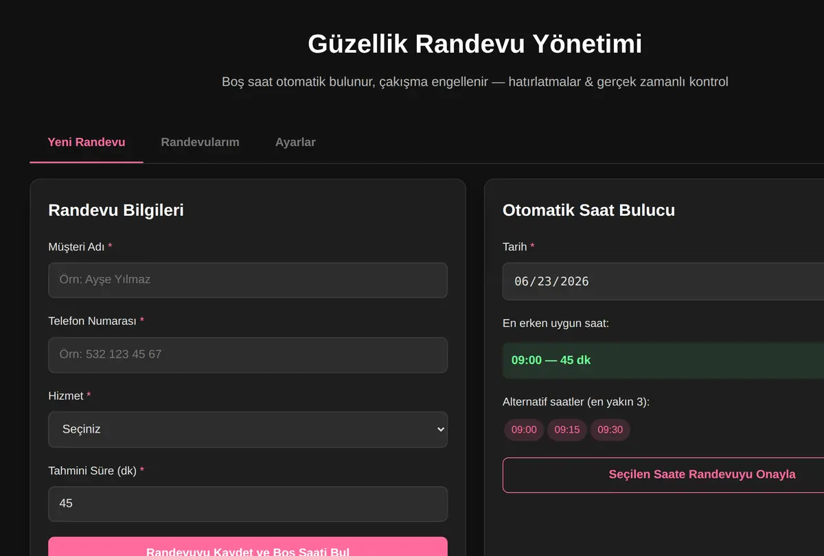 Güzellik Randevu Yönetimi ekran görüntüsü
