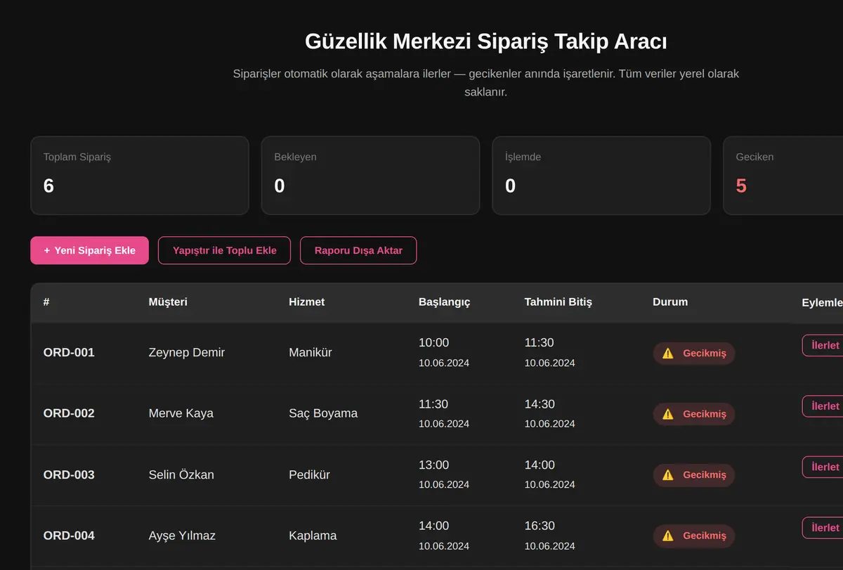 Güzellik Merkezi Sipariş Takip Aracı ekran görüntüsü
