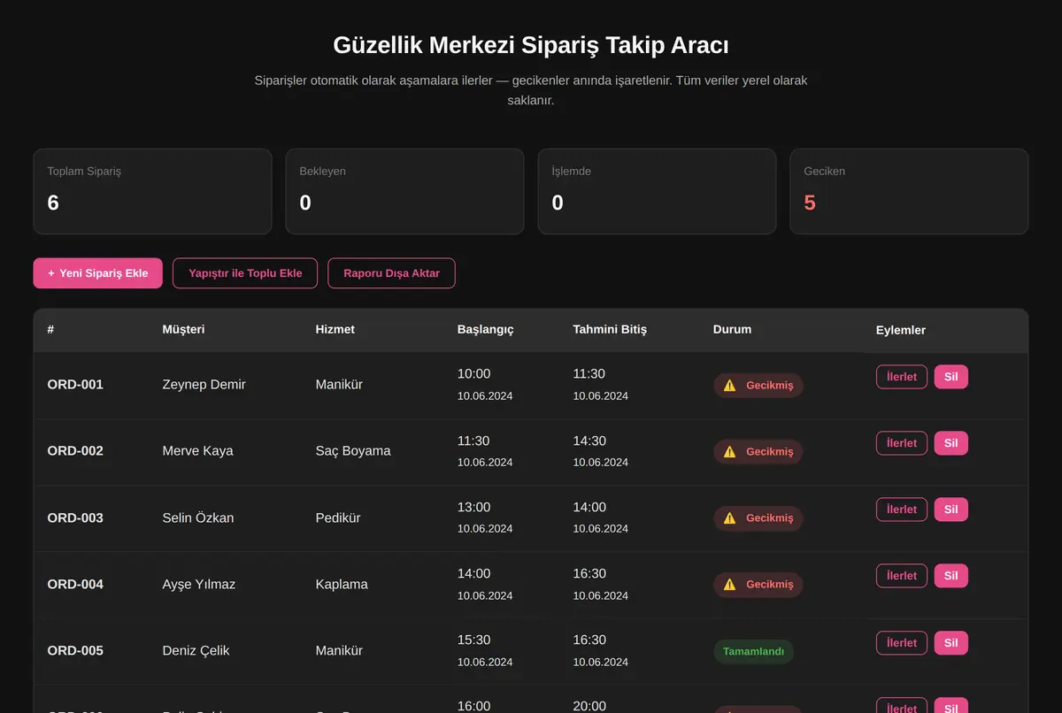 Güzellik Merkezi Sipariş Takip Aracı ekran görüntüsü 2