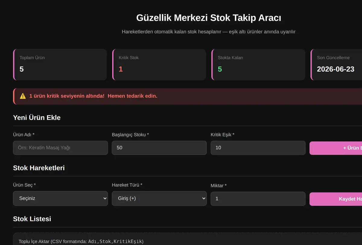 Güzellik Merkezi Stok Takip Aracı ekran görüntüsü