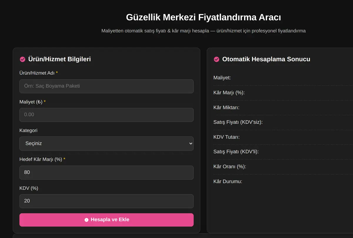 Güzellik Merkezi Fiyatlandırma Aracı ekran görüntüsü