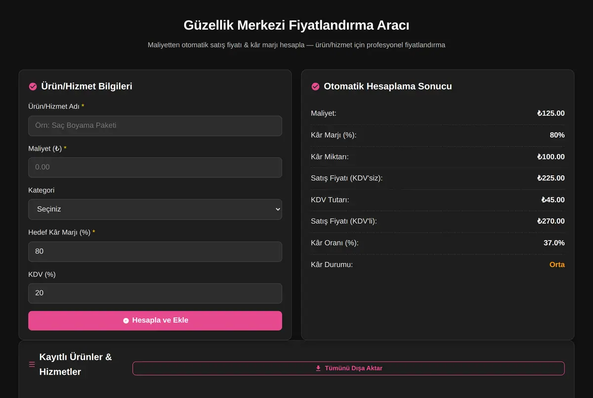 Güzellik Merkezi Fiyatlandırma Aracı ekran görüntüsü 2