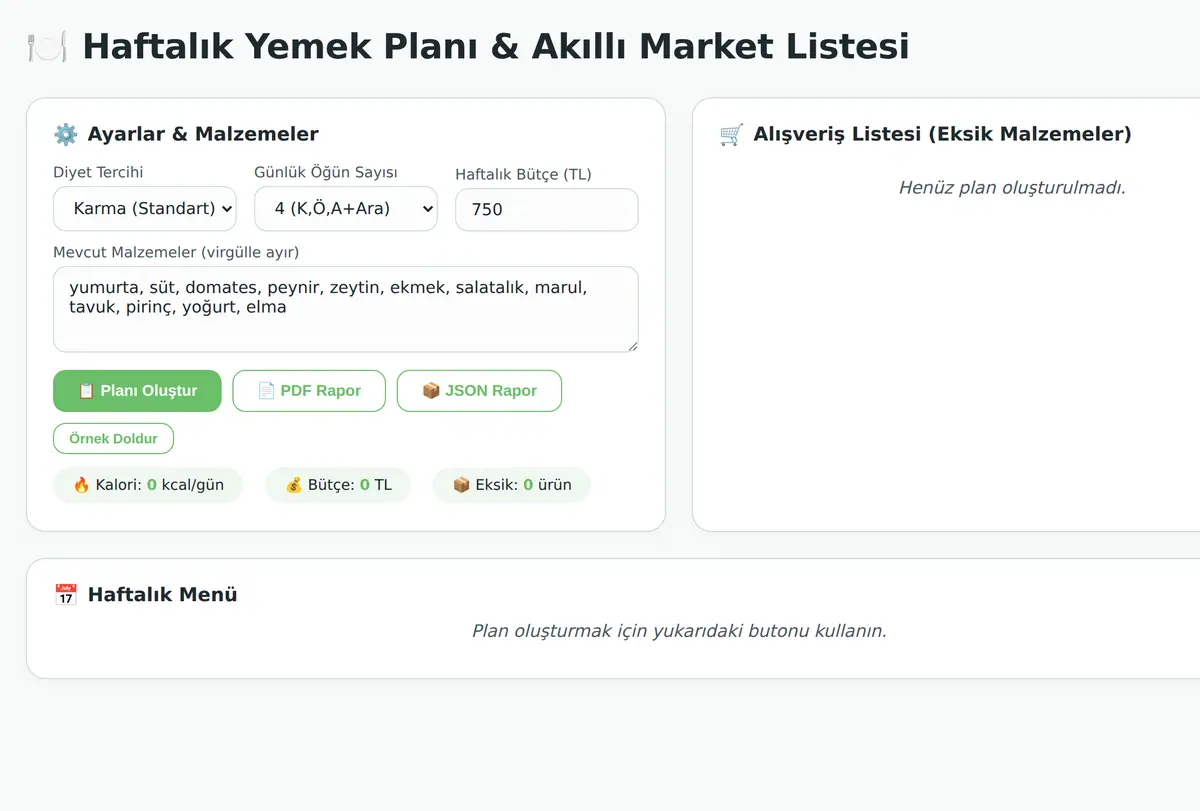 Haftalık Yemek Planı & Akıllı Market Listesi ekran görüntüsü