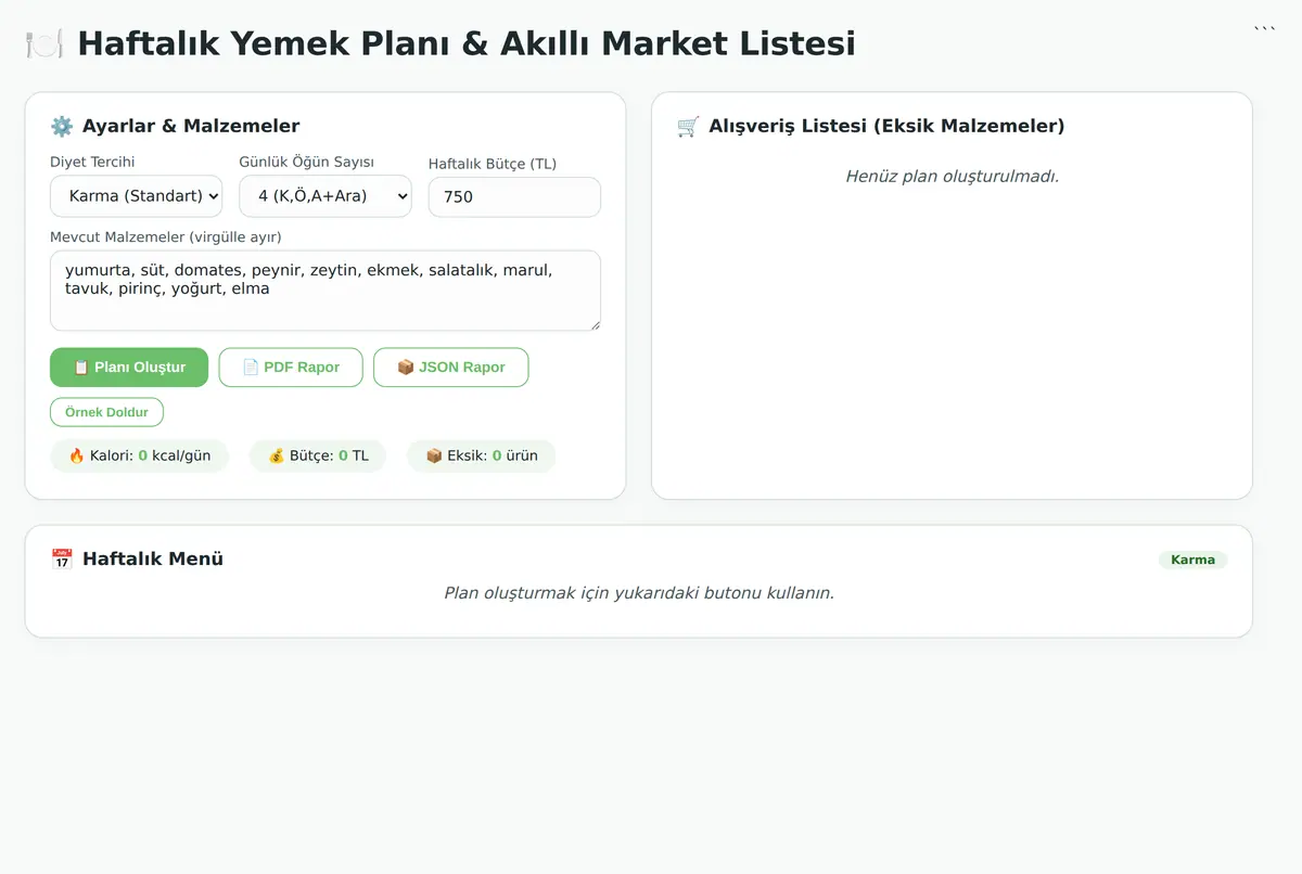 Haftalık Yemek Planı & Akıllı Market Listesi ekran görüntüsü 2