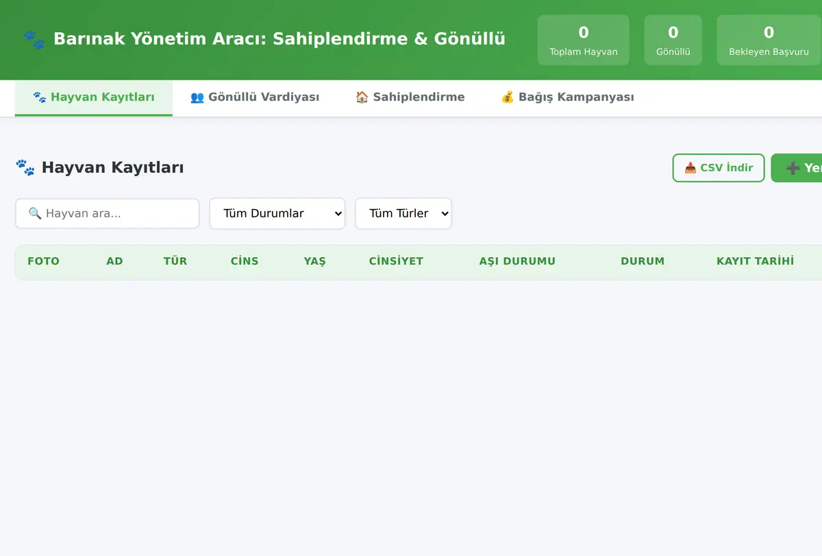 Barınak Yönetim Aracı: Sahiplendirme & Gönüllü ekran görüntüsü