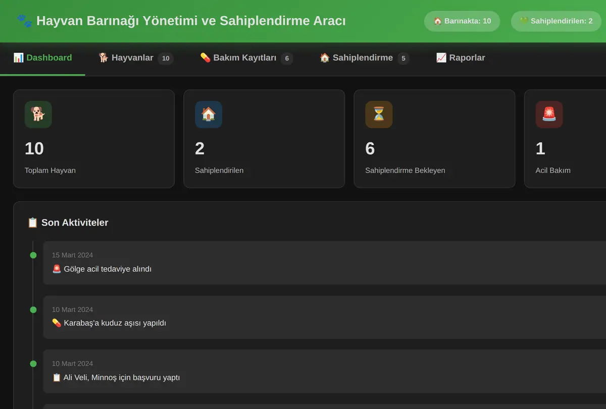 Hayvan Barınağı Yönetimi ve Sahiplendirme Aracı ekran görüntüsü