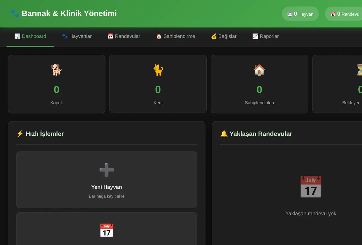 Barınak & Klinik Yönetimi ekran görüntüsü