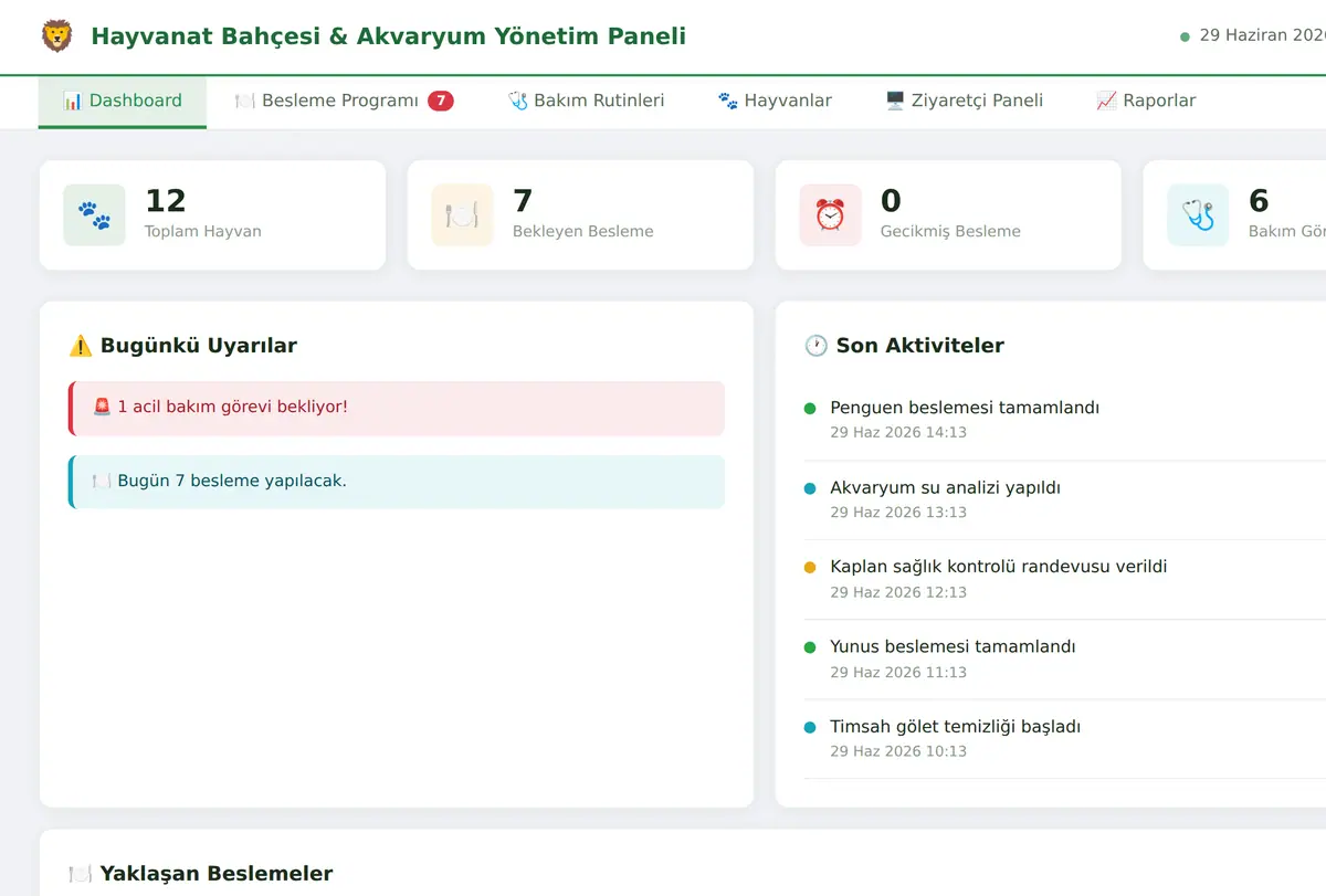 Hayvanat Bahçesi & Akvaryum Yönetim Paneli ekran görüntüsü