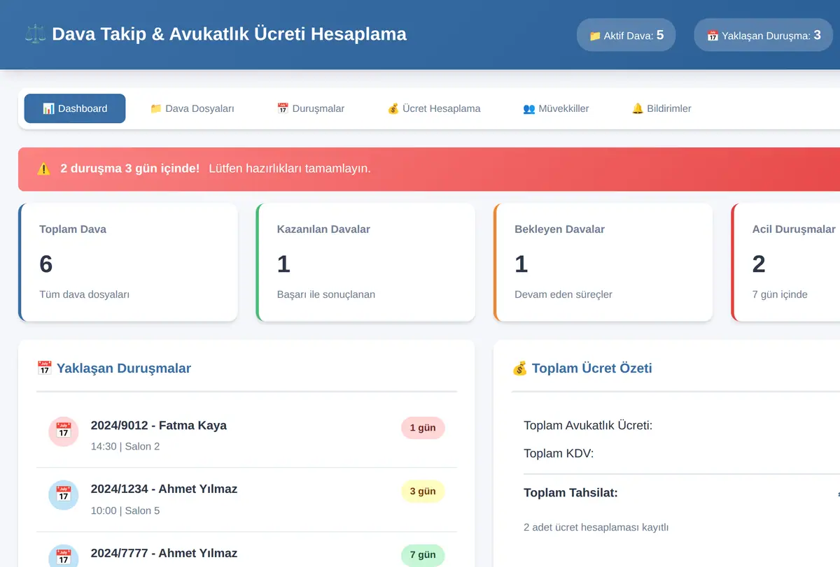 Dava Takip & Avukatlık Ücreti Hesaplama Aracı ekran görüntüsü