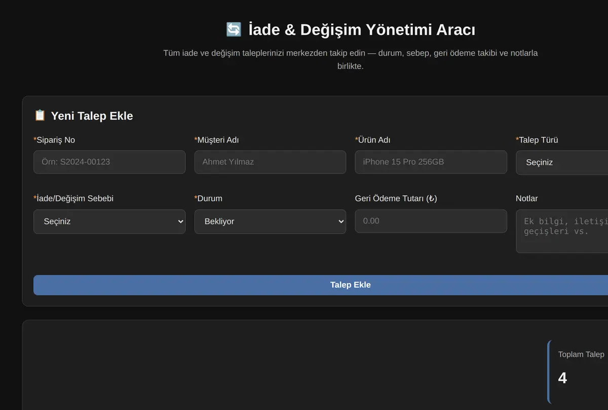 İade & Değişim Yönetimi Aracı ekran görüntüsü