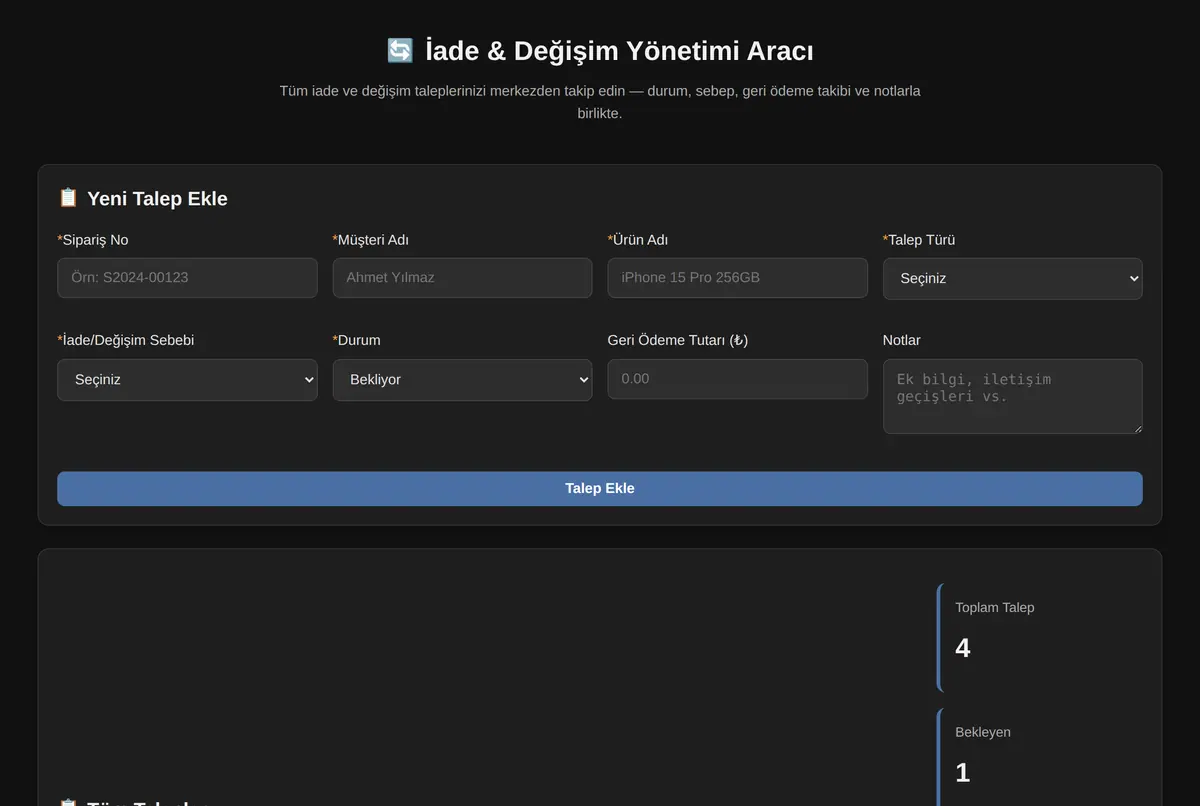 İade & Değişim Yönetimi Aracı ekran görüntüsü 2