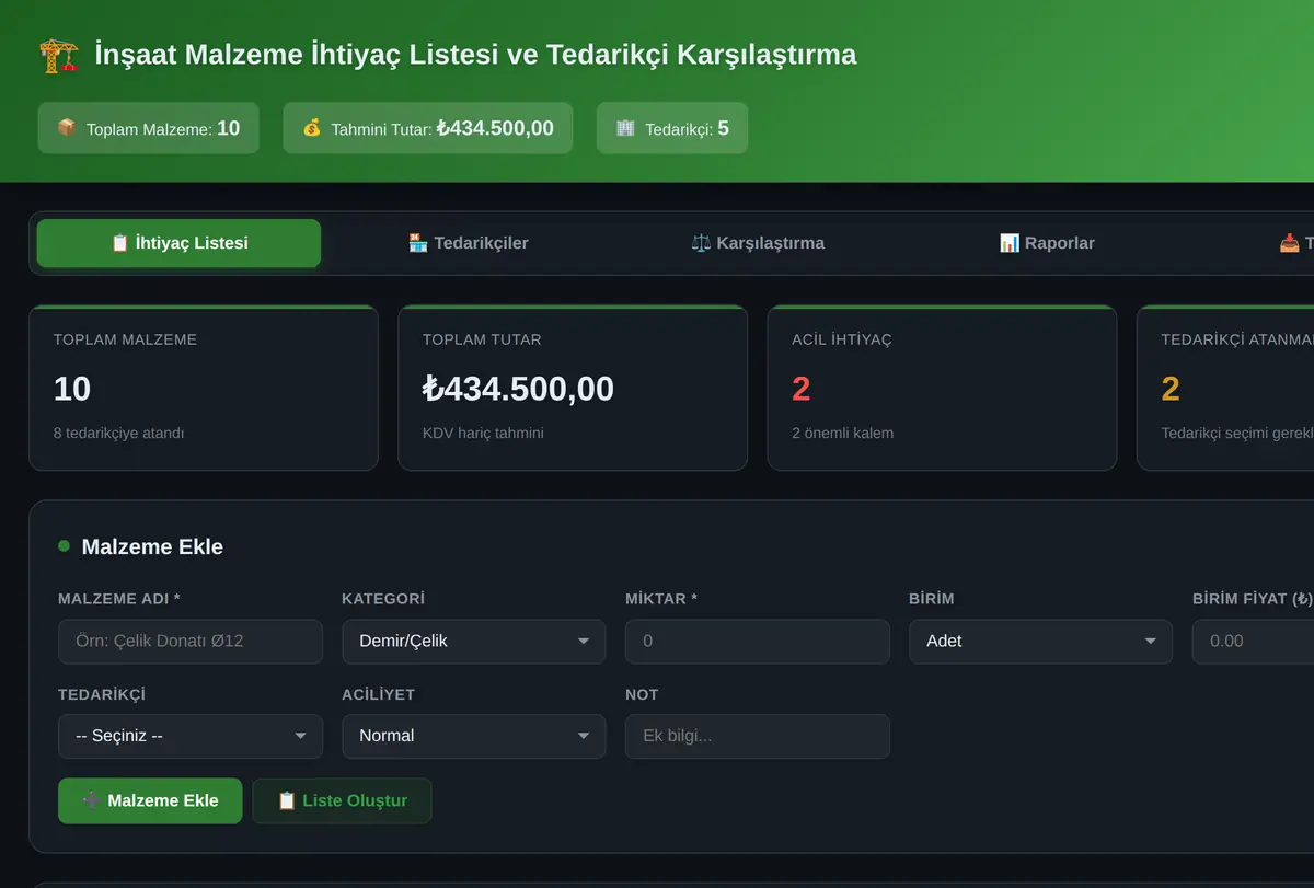 İnşaat Malzeme İhtiyaç Listesi ve Tedarikçi Karşılaştırma ekran görüntüsü