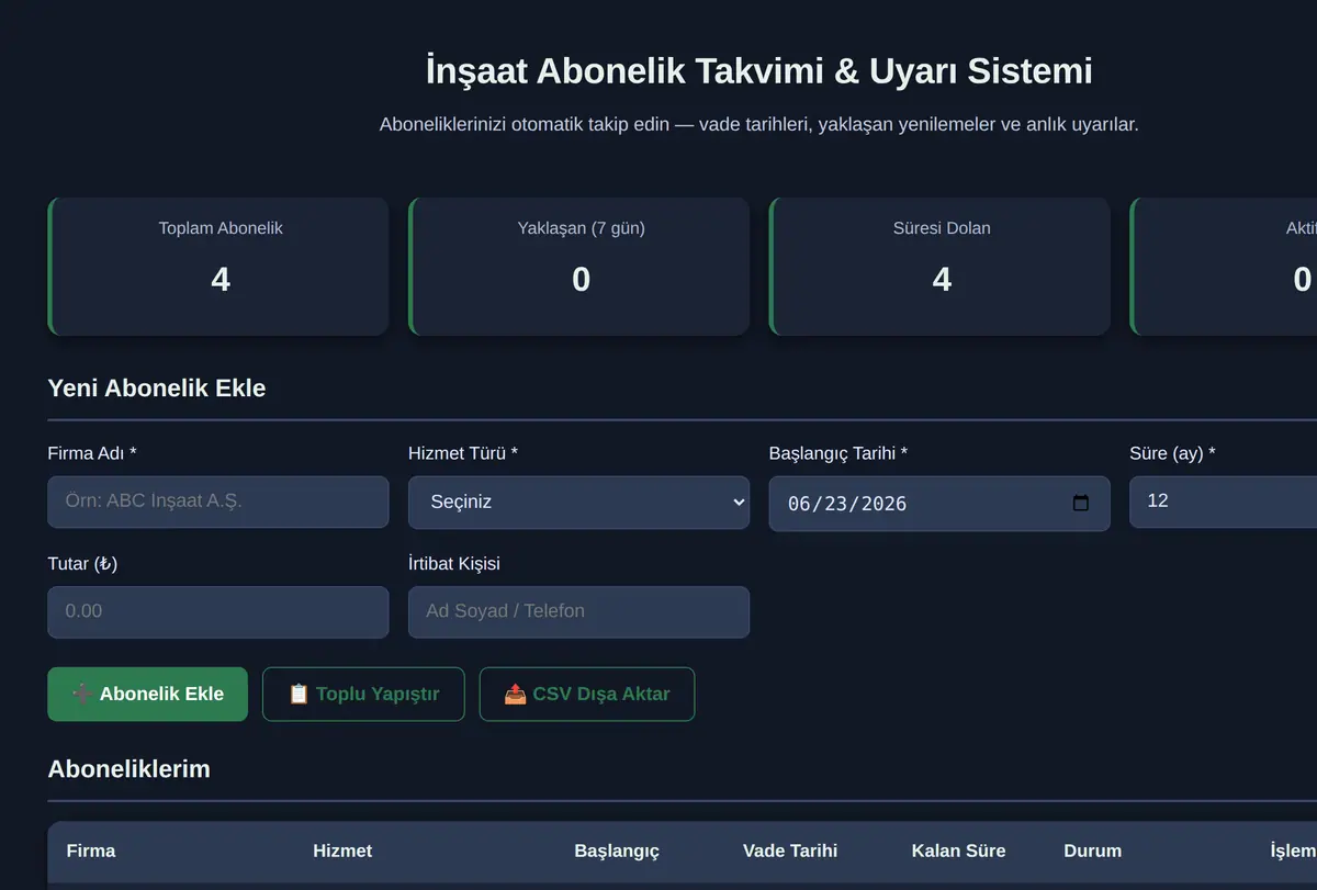 İnşaat Abonelik Takvimi & Uyarı Sistemi ekran görüntüsü