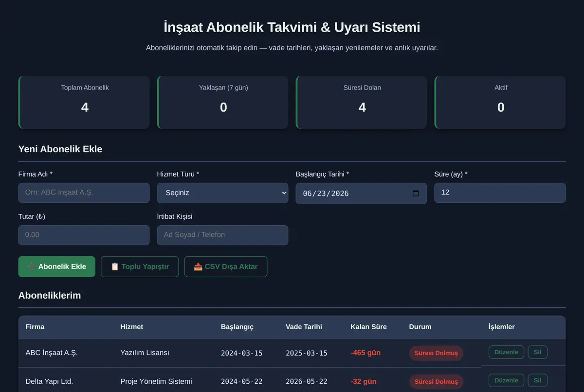İnşaat Abonelik Takvimi & Uyarı Sistemi ekran görüntüsü 2