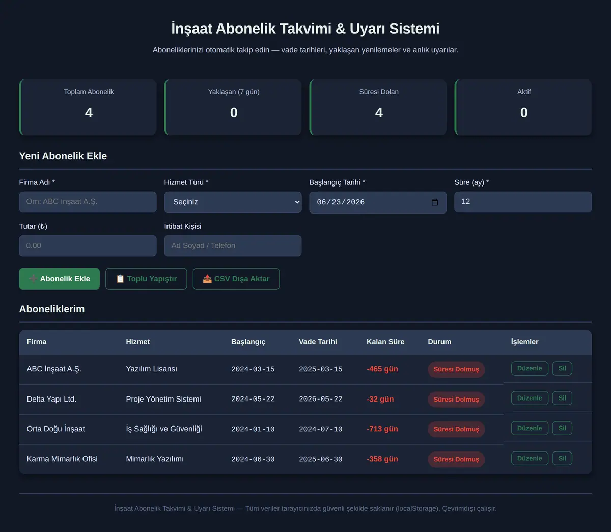 İnşaat Abonelik Takvimi & Uyarı Sistemi ekran görüntüsü 3