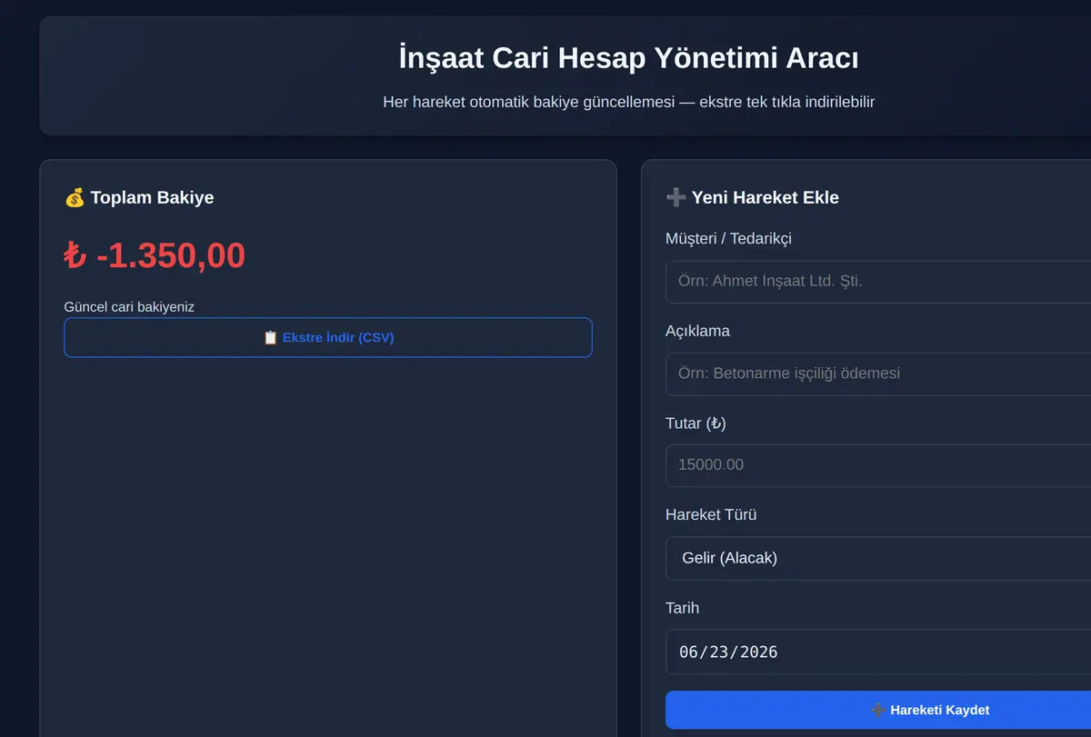İnşaat Cari Hesap Yönetimi Aracı ekran görüntüsü