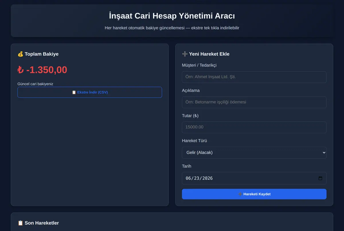 İnşaat Cari Hesap Yönetimi Aracı ekran görüntüsü 2